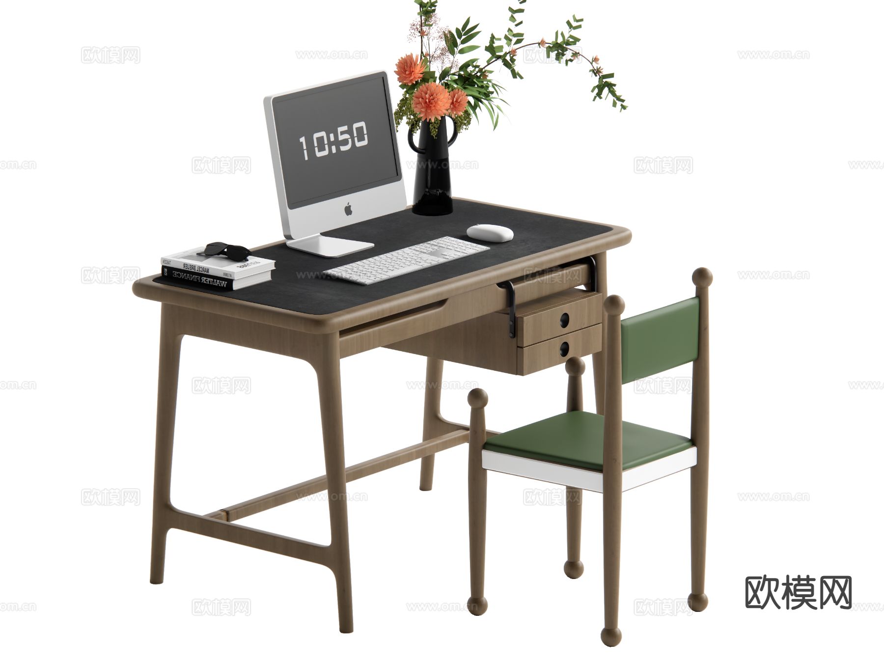 中古风电脑桌 书桌椅su模型下载（渲染图2）