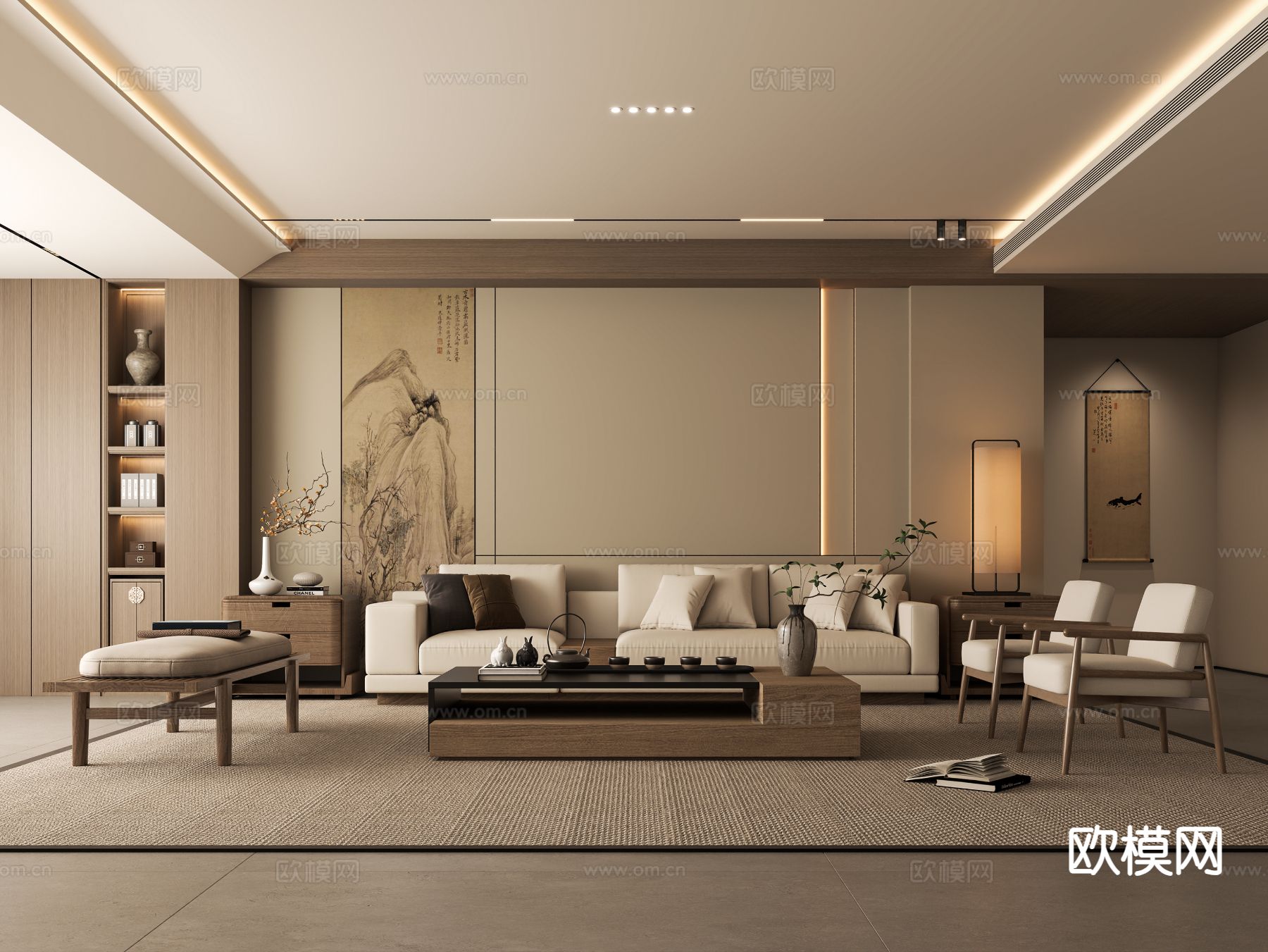 新中式客厅3d模型下载