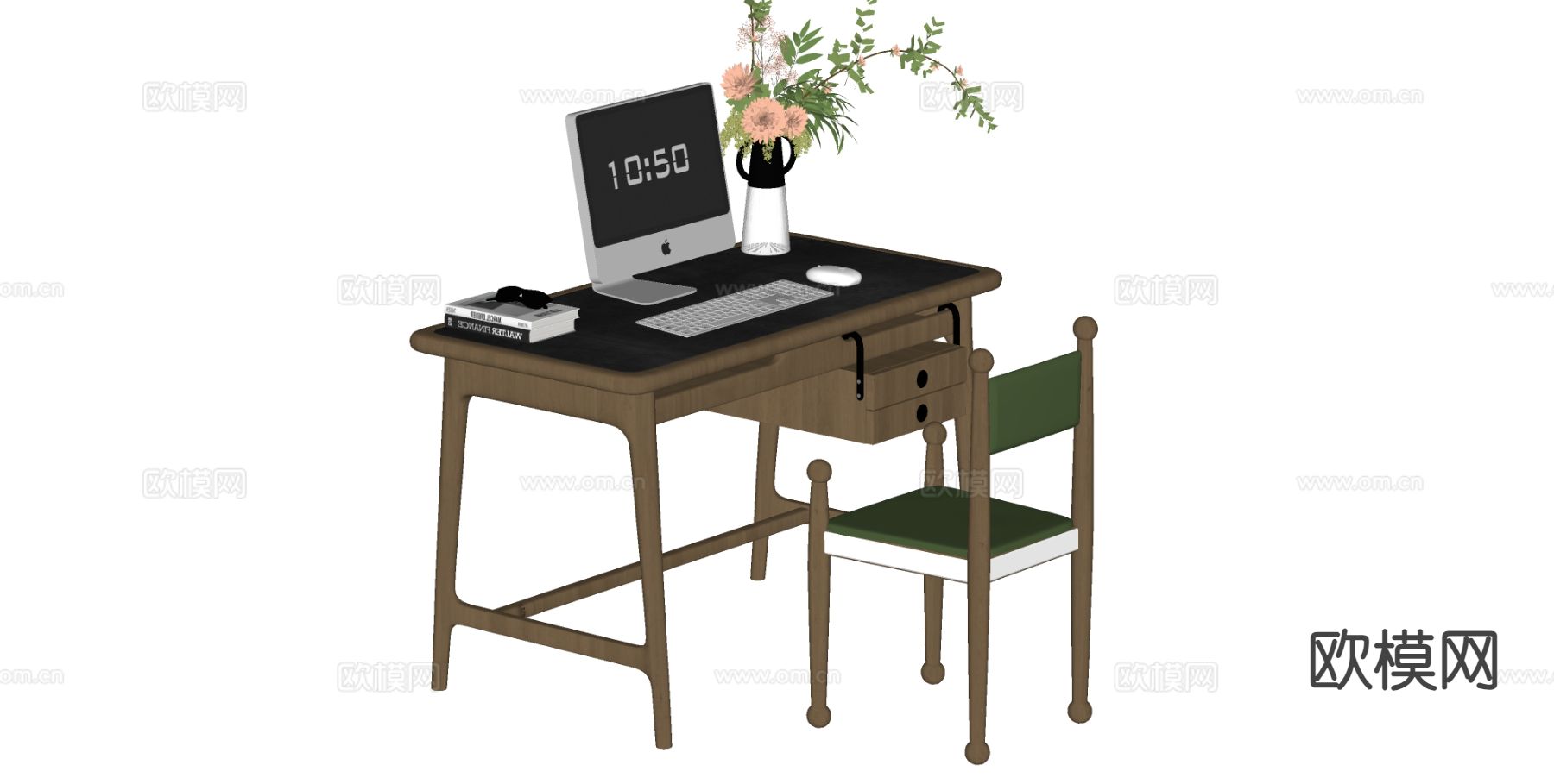 中古风电脑桌 书桌椅su模型下载（渲染图1）