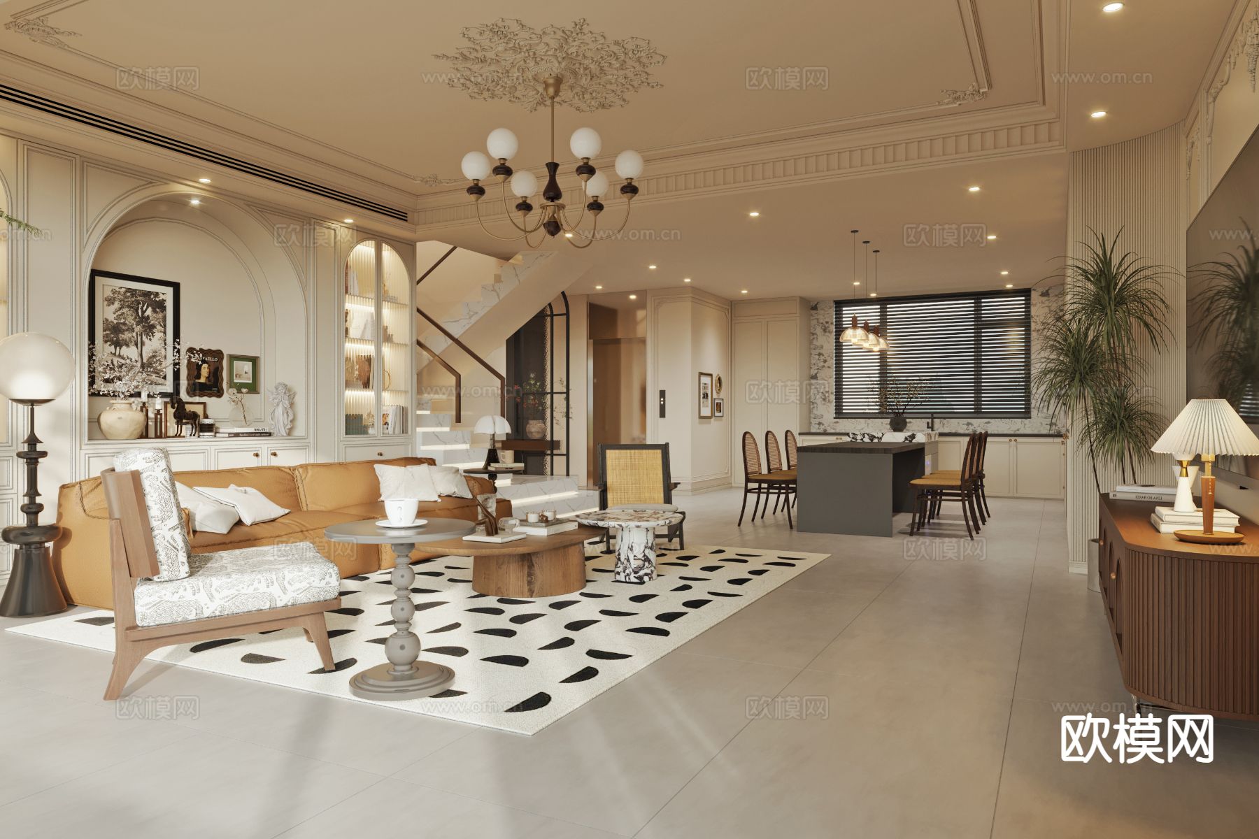法式客餐厅3d模型下载（渲染图2）