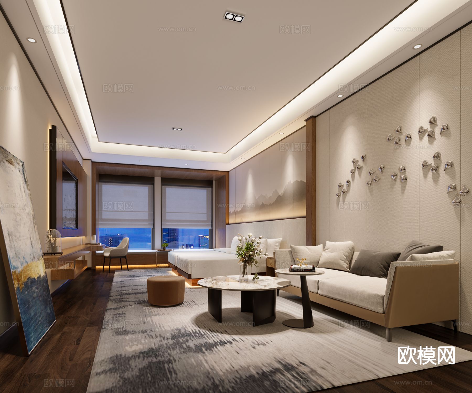 新中式酒店标间 客房 大床房3d模型下载