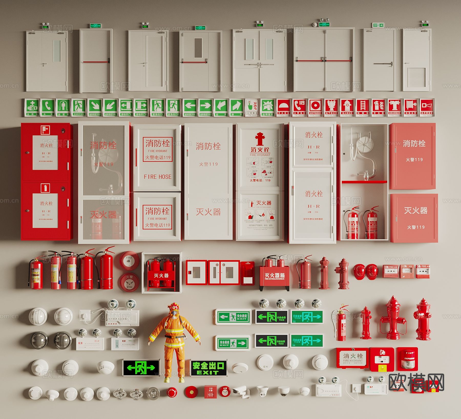 消防器材 消防设备 消防栓 安全消防门 灭火器3d模型