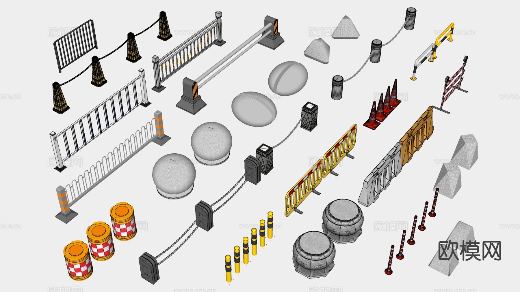现代路障围挡 路障石 路障围栏su模型