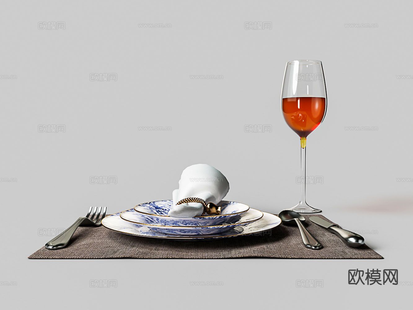 现代餐具 刀叉 盘子 红酒杯3d模型下载