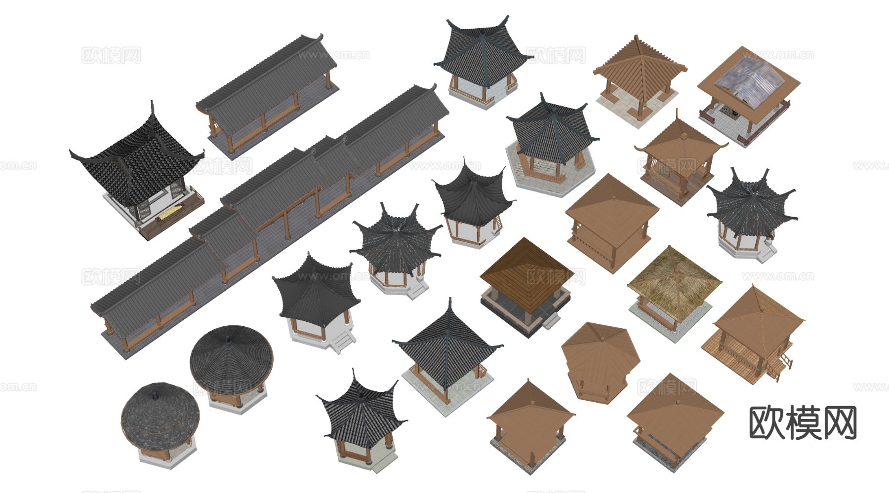 中式景观廊架 景观亭 长廊 凉亭su模型