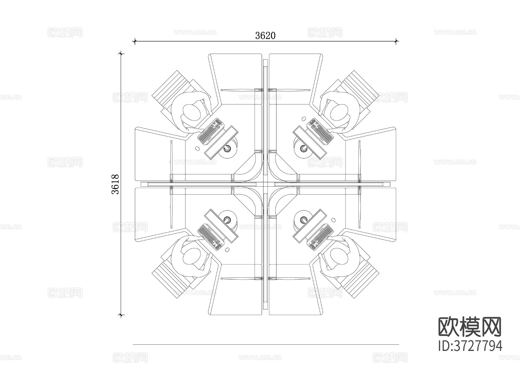 四人位办公桌布局图 CAD平面图