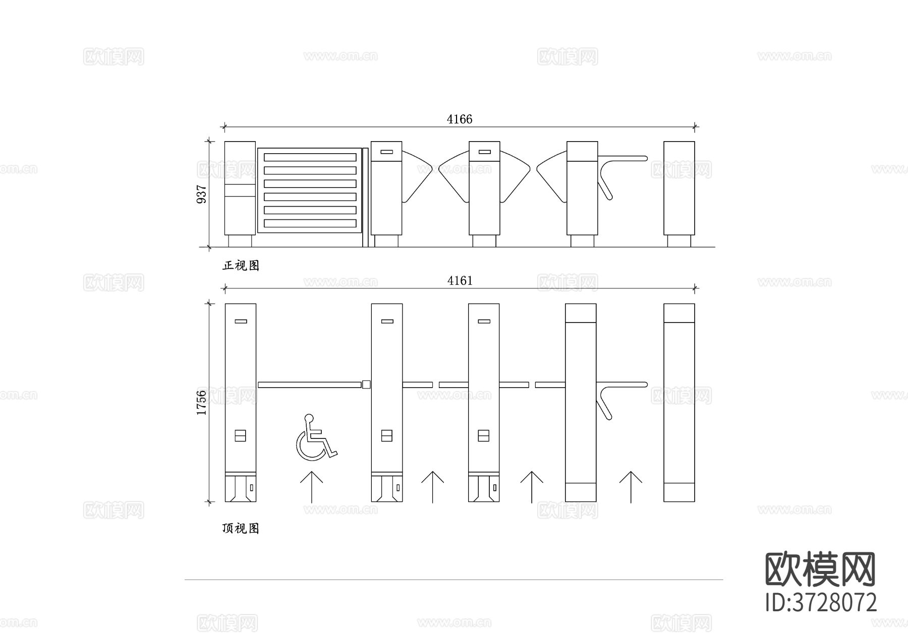 闸机顶视图 闸机正视图