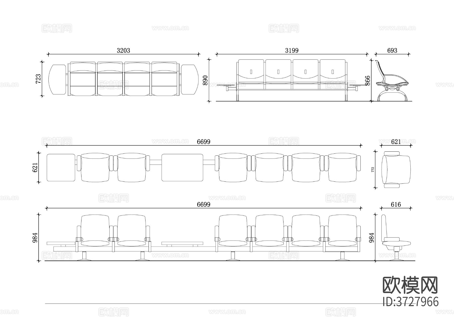 候诊椅三视图