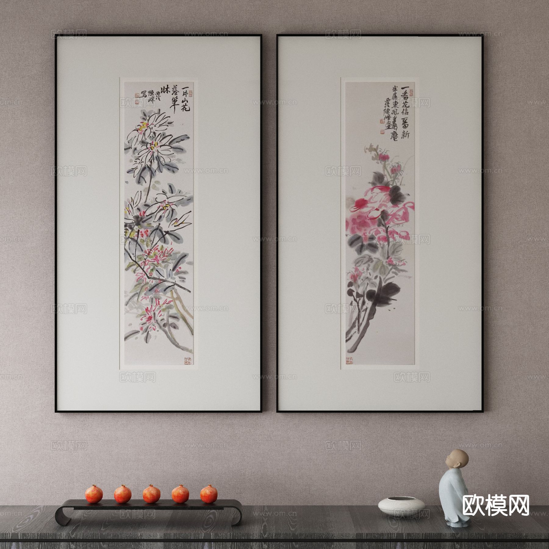 新中式水墨画 花卉画 装饰画3d模型