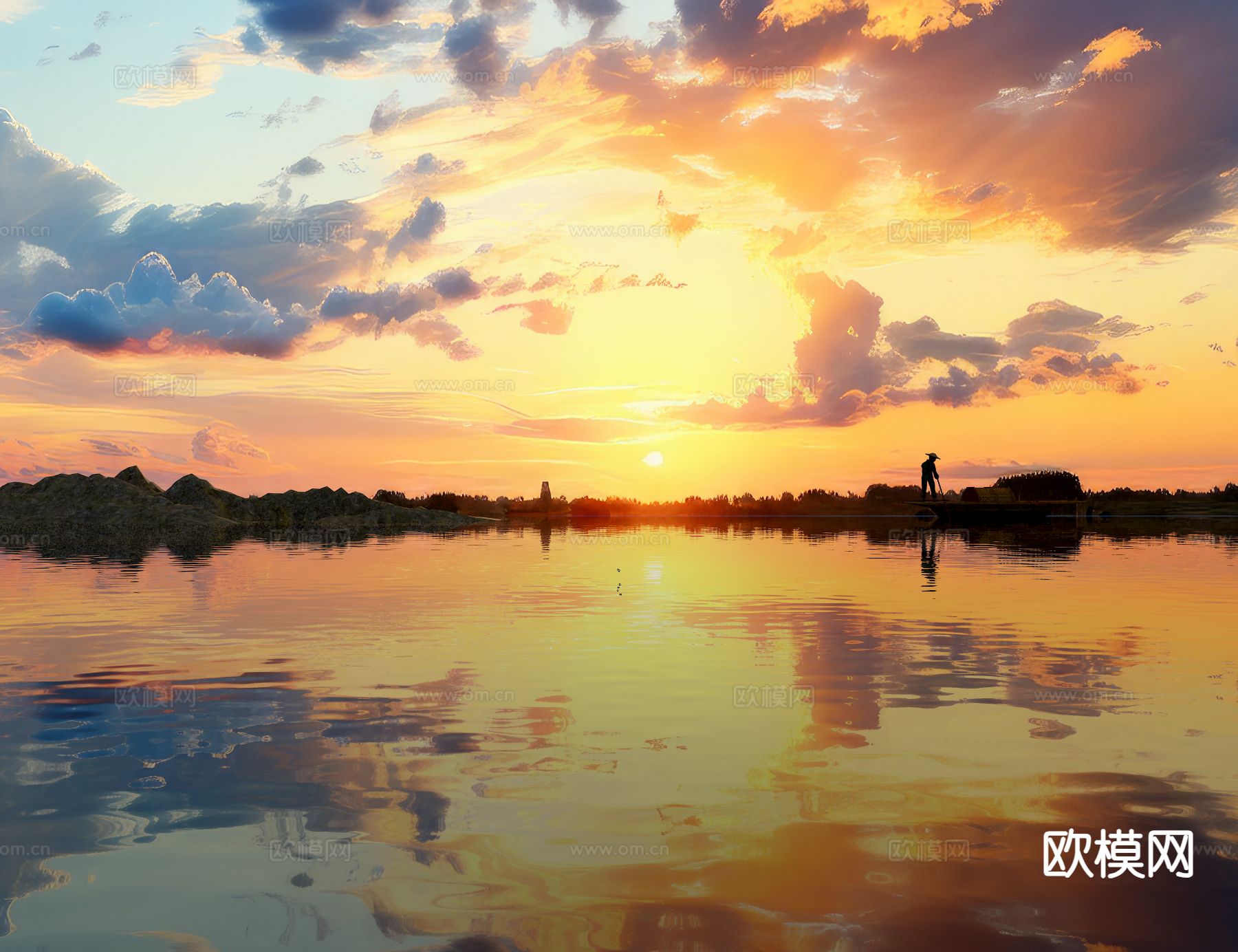 晚霞景观 湖景 夕阳景观3d模型