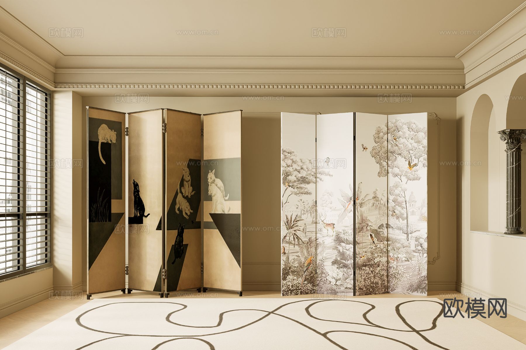 中古风折叠屏风3d模型下载