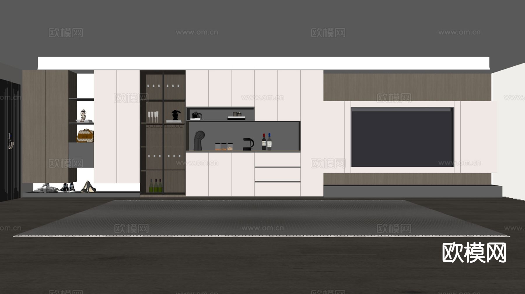 现代鞋柜 酒柜 电视柜一体柜su模型