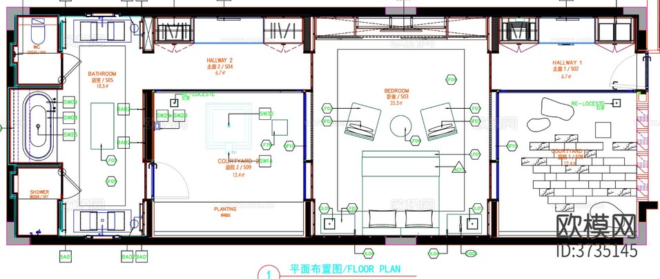 酒店客房 酒店房间 客房平面图 房间平面布局 客房平面布置cad施工图下载(渲染图1)