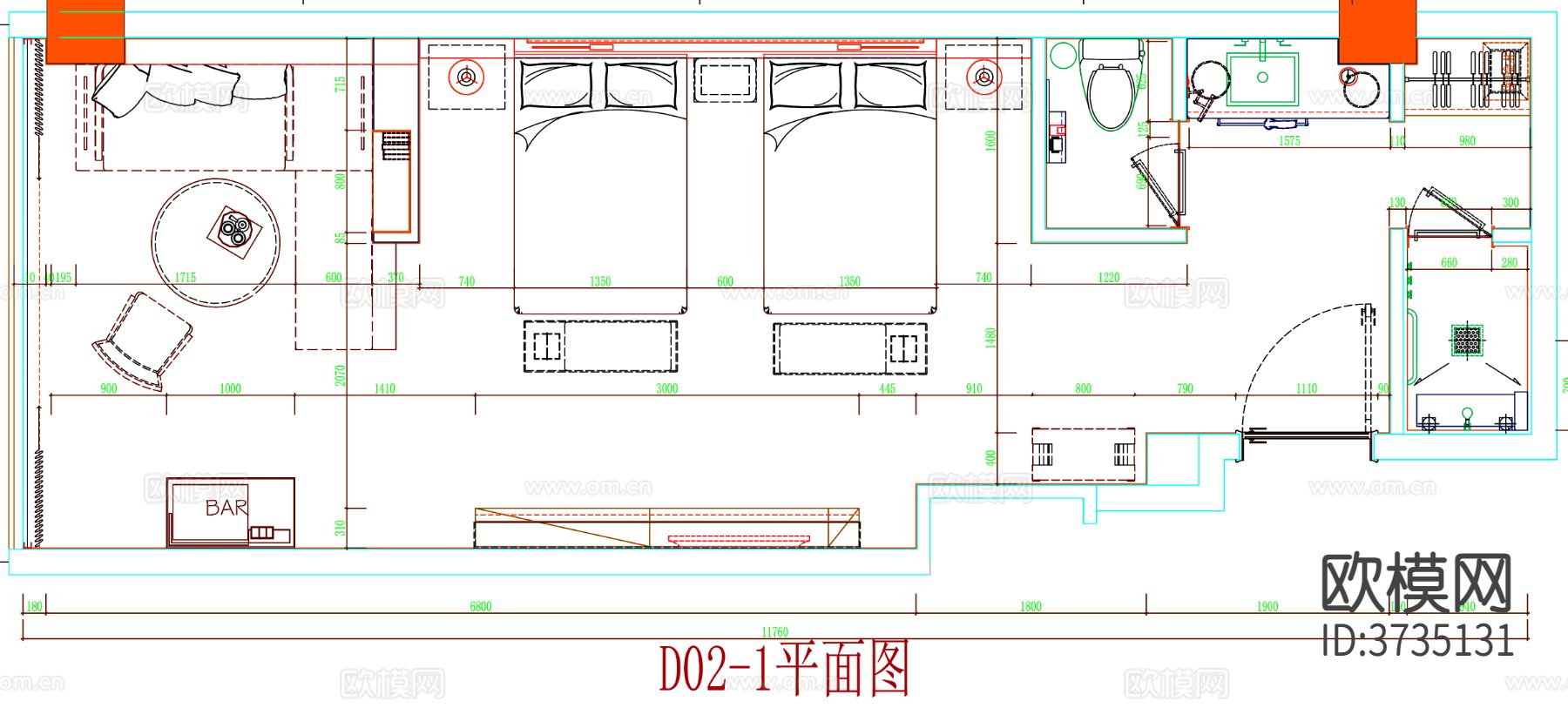 酒店客房平面布置 酒店客房 酒店房间 客房平面图 房间平面布cad施工图