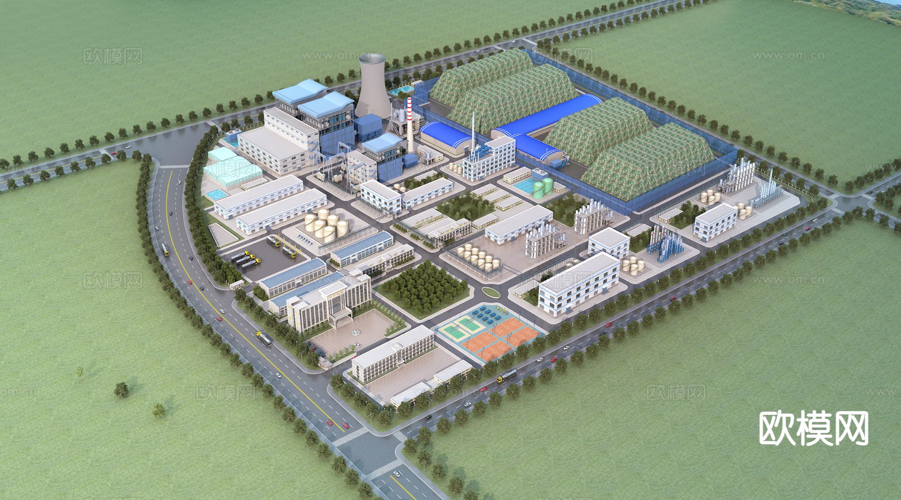 化工厂鸟瞰 发电厂3d模型下载（渲染图1）