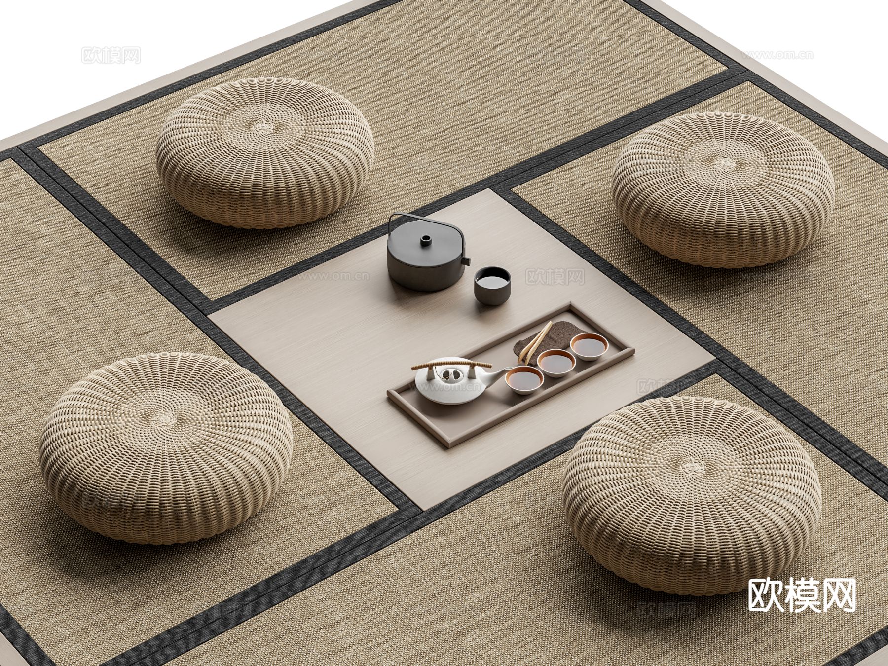 日式榻榻米茶桌 坐垫 茶具 席垫3d模型下载