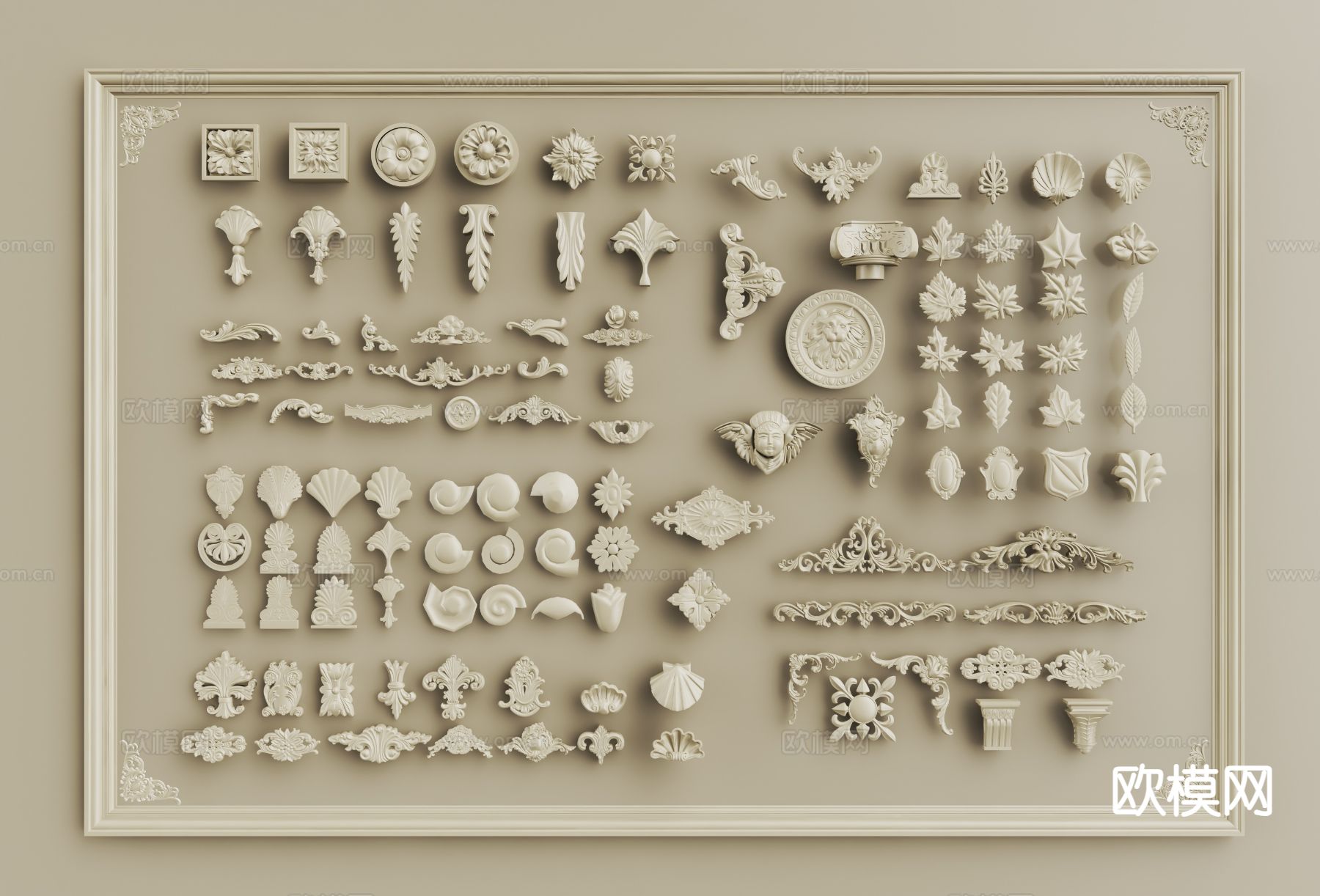 法式雕花构件 灯盘 角花 石膏构件3d模型