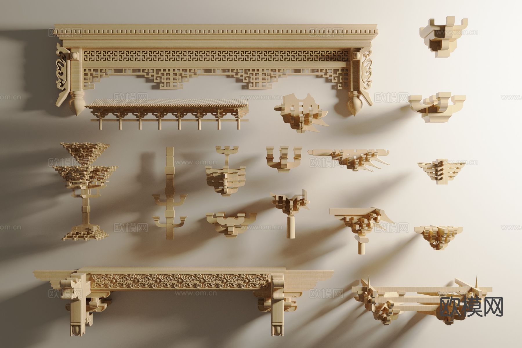 中式建筑构件 雕花横梁 斗拱 榫卯结构3d模型下载