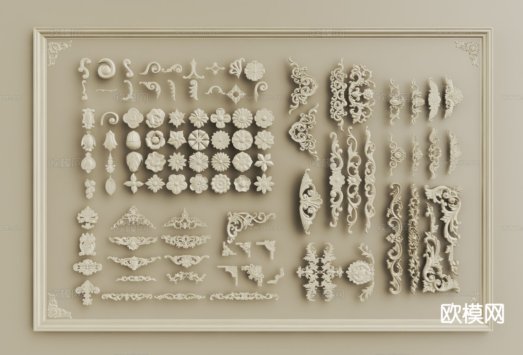法式雕花构件 灯盘 角花 石膏构件3d模型