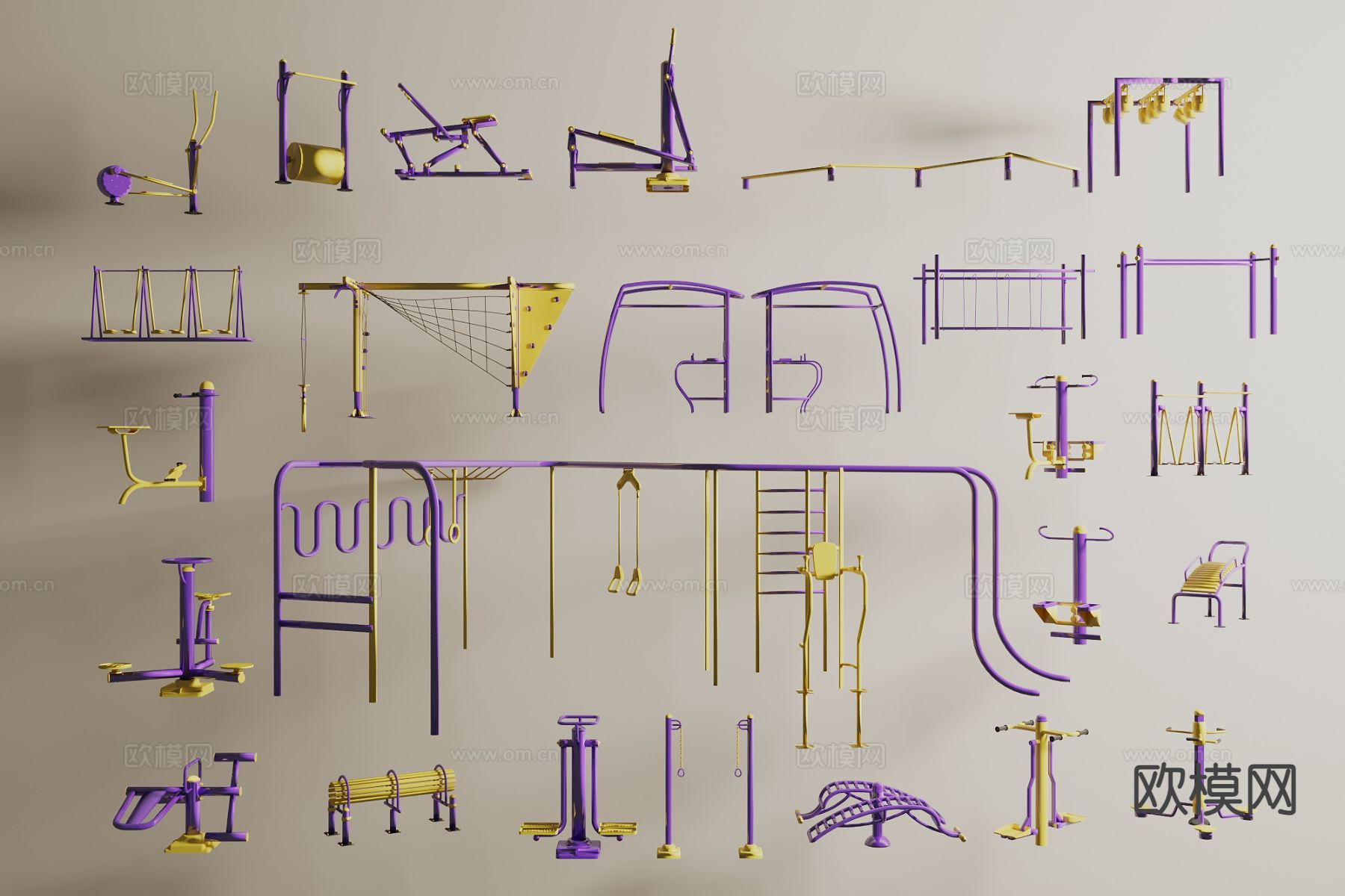 户外健身器材 单杠 吊环3d模型下载