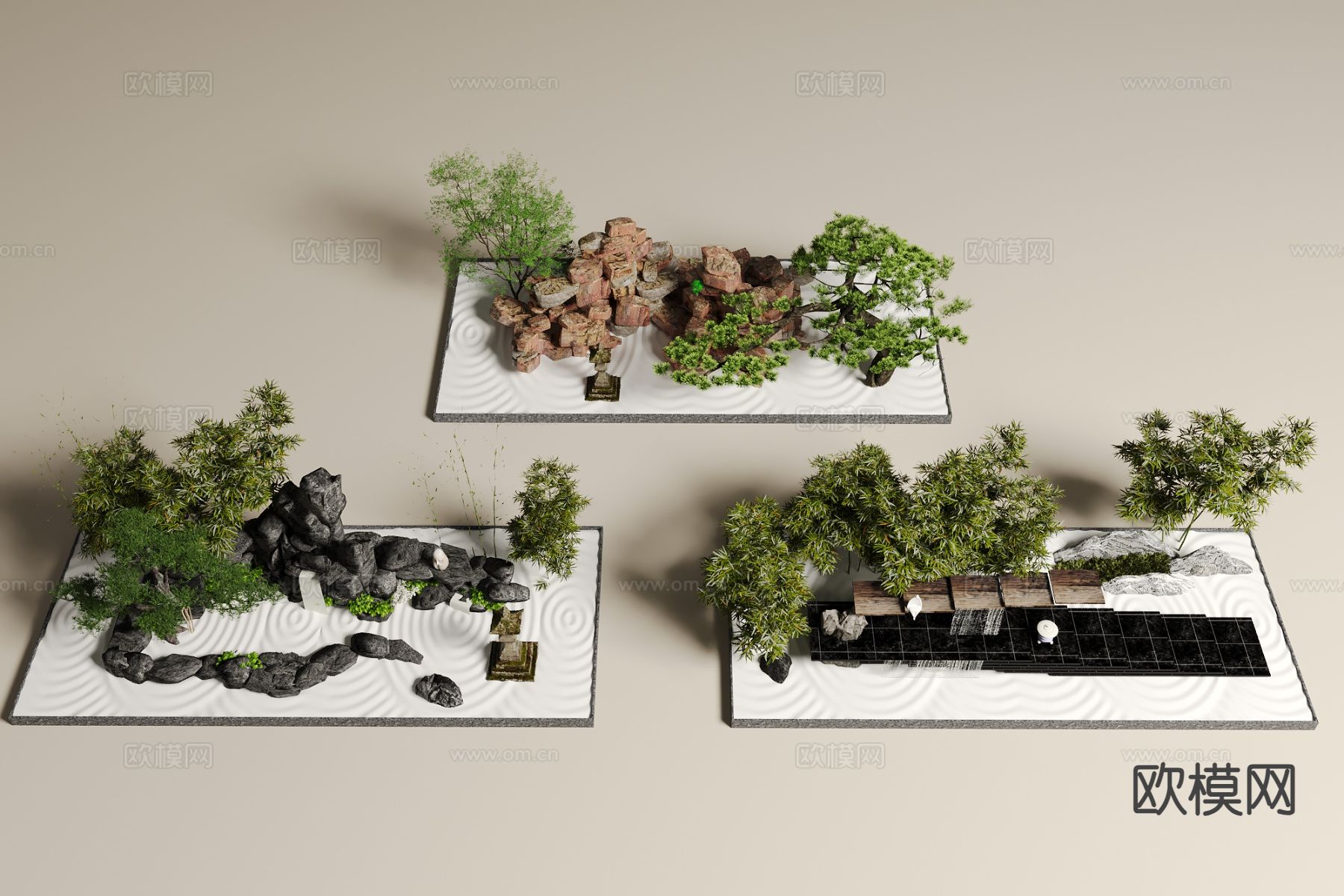 假山水景 叠石瀑布 植物造景3d模型