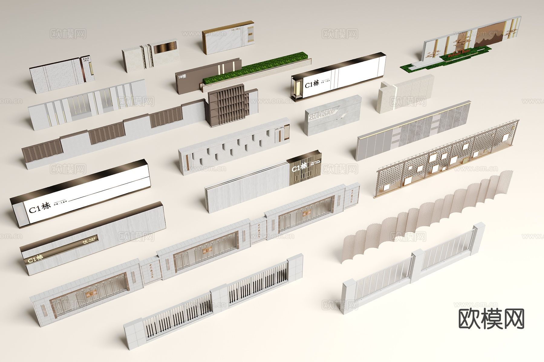 小区围墙 庭院围墙 围栏3d模型