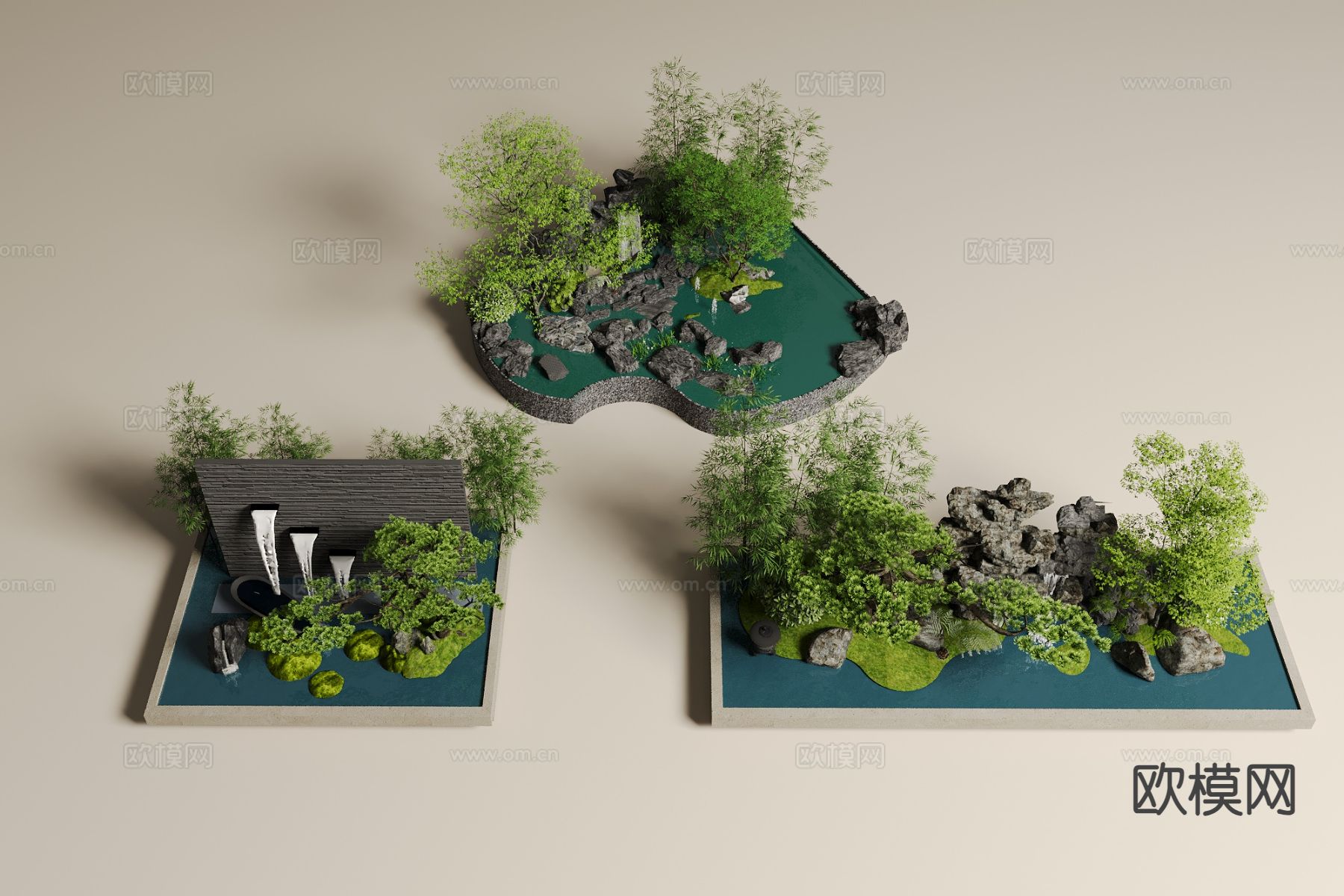 中式假山水景 庭院景观小品3d模型