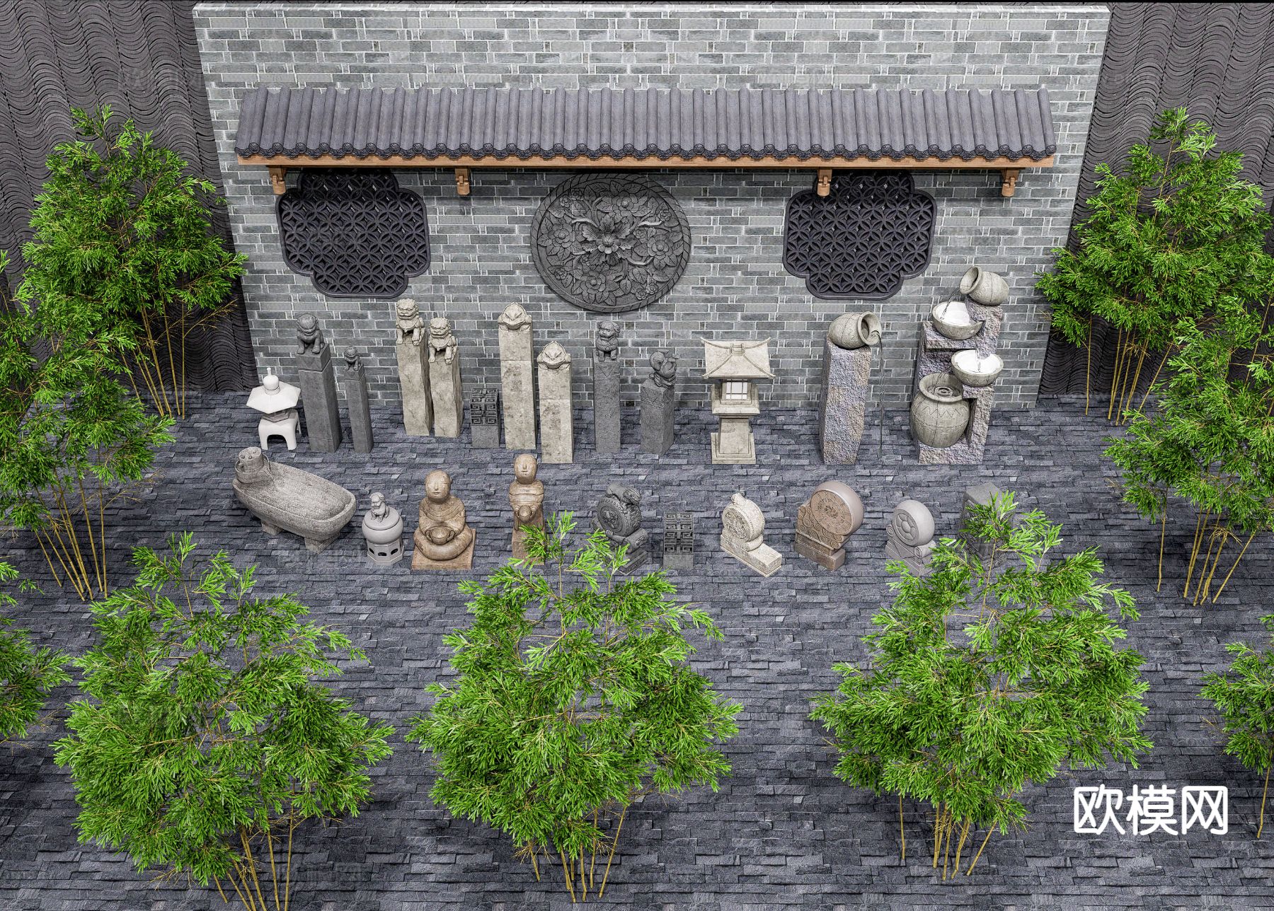 中式柱子 拴马柱 石狮子 抱鼓石3d模型下载