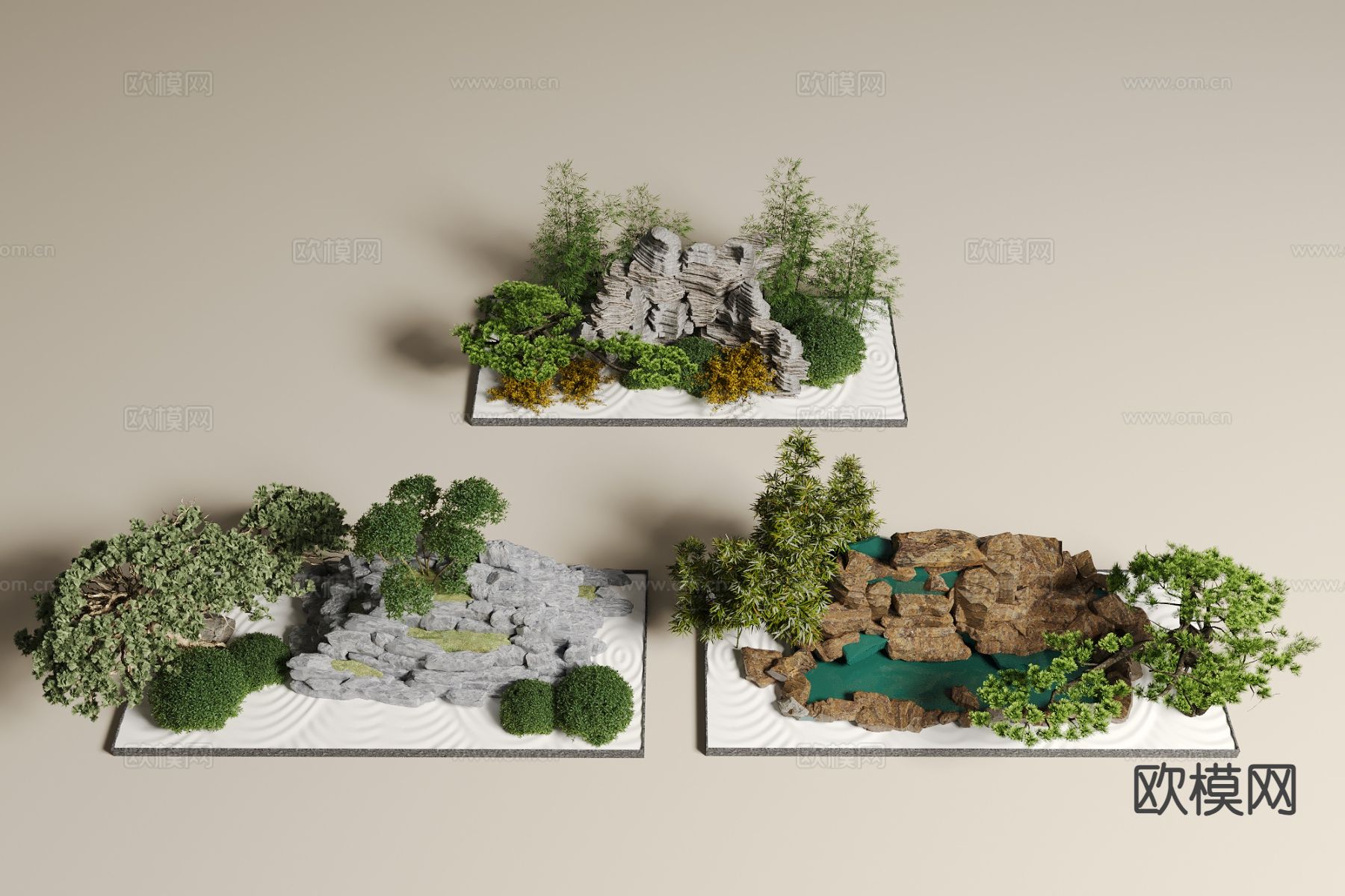 假山水景 叠石瀑布 植物造景3d模型