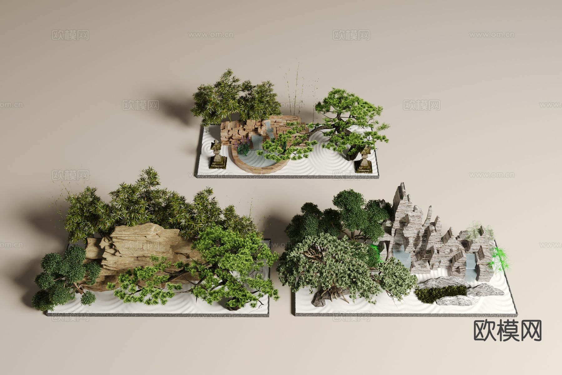 假山水景 叠石瀑布 植物造景3d模型