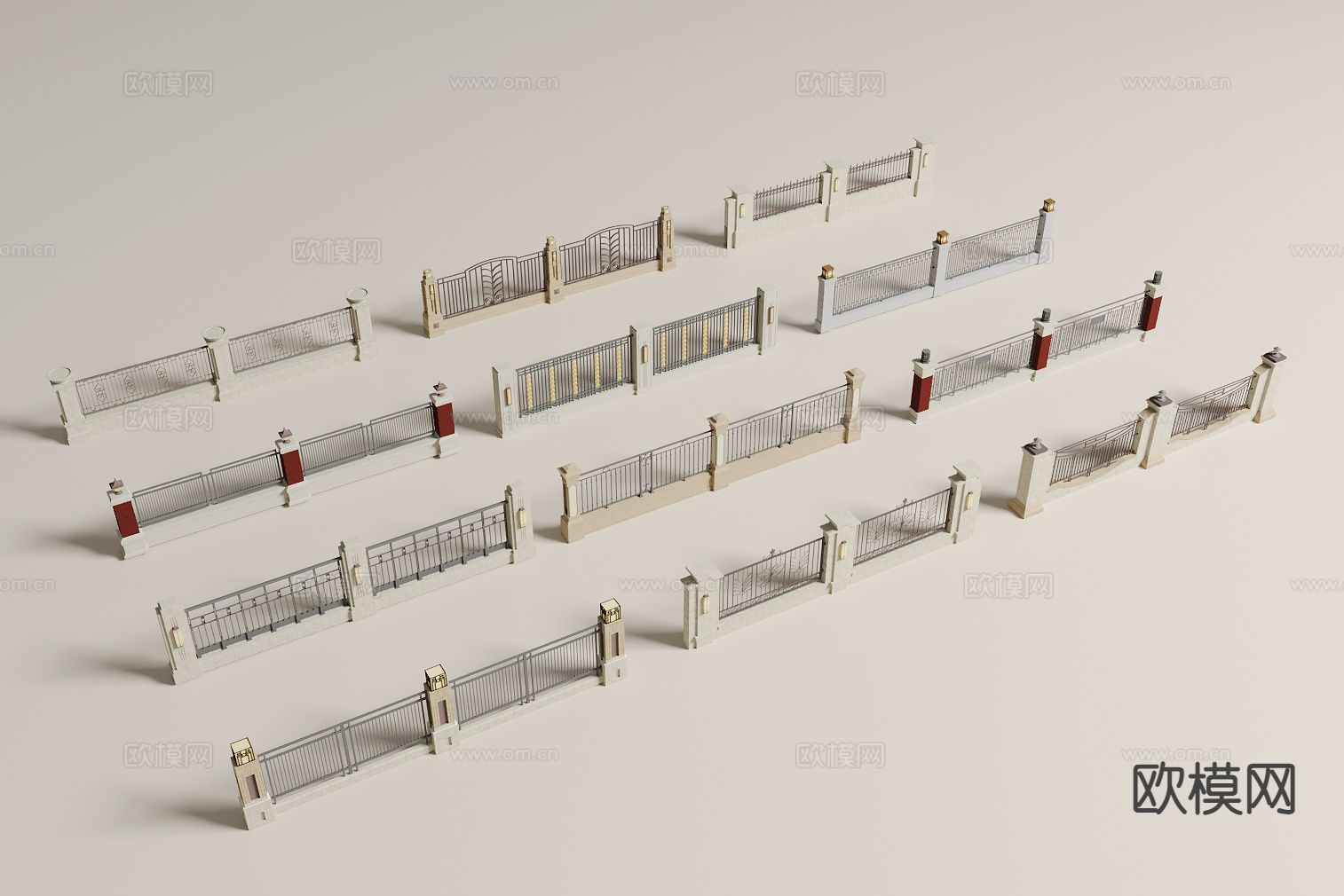 现代围墙 铁艺栏杆 庭院围墙小区围墙3d模型