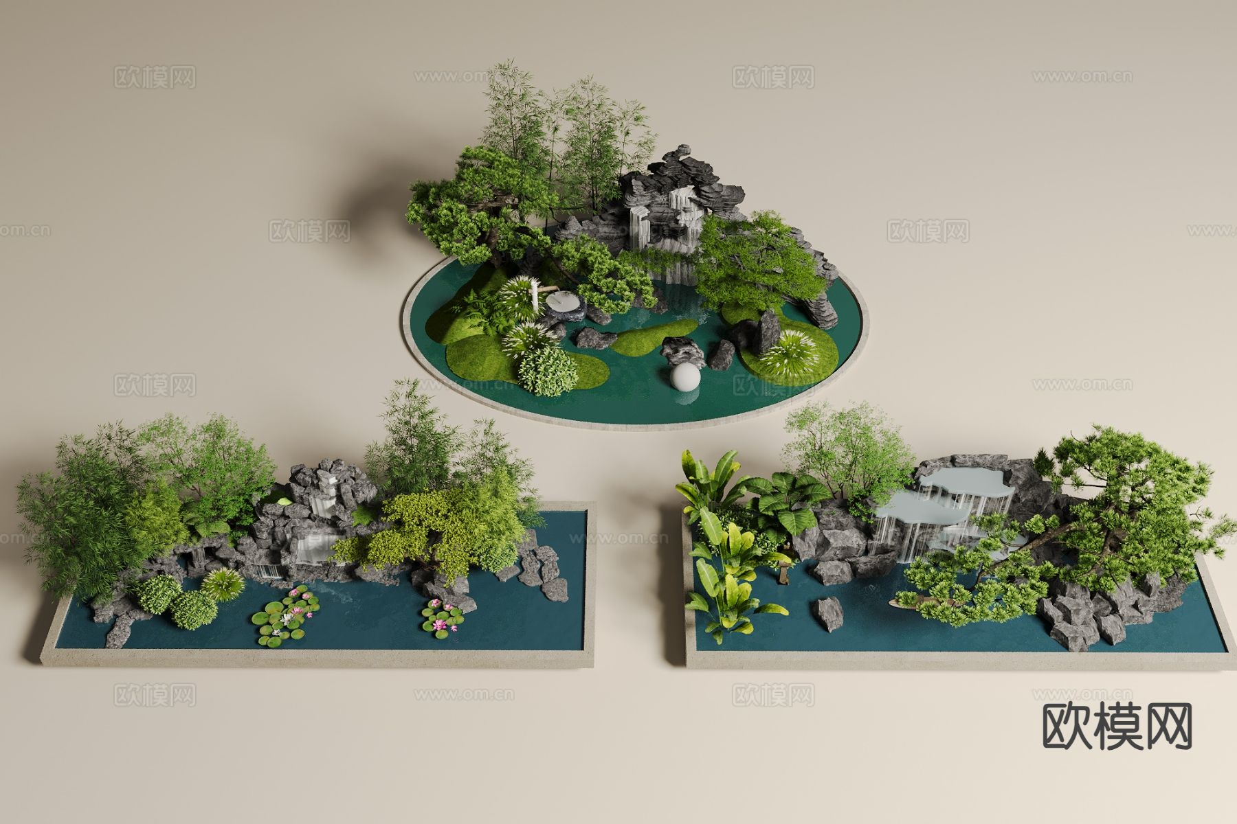 中式假山水景 庭院景观小品3d模型