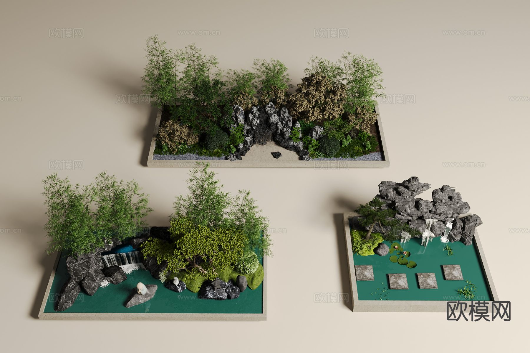 中式假山水景 庭院景观小品3d模型