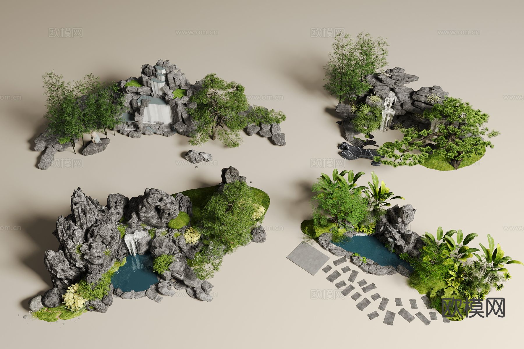 中式假山水景 庭院景观小品3d模型