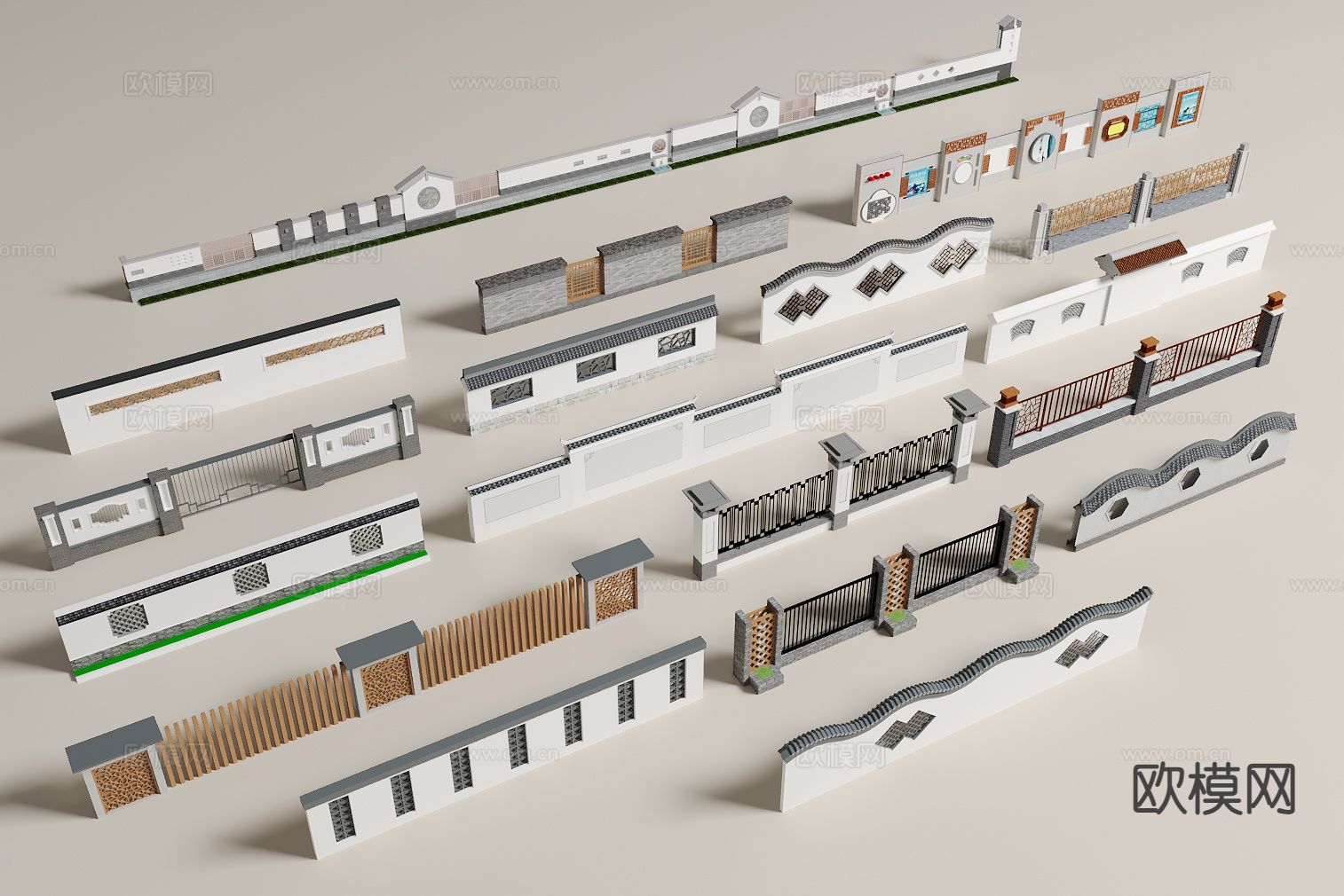 中式围墙 铁艺围墙 庭院围墙 小区围墙3d模型