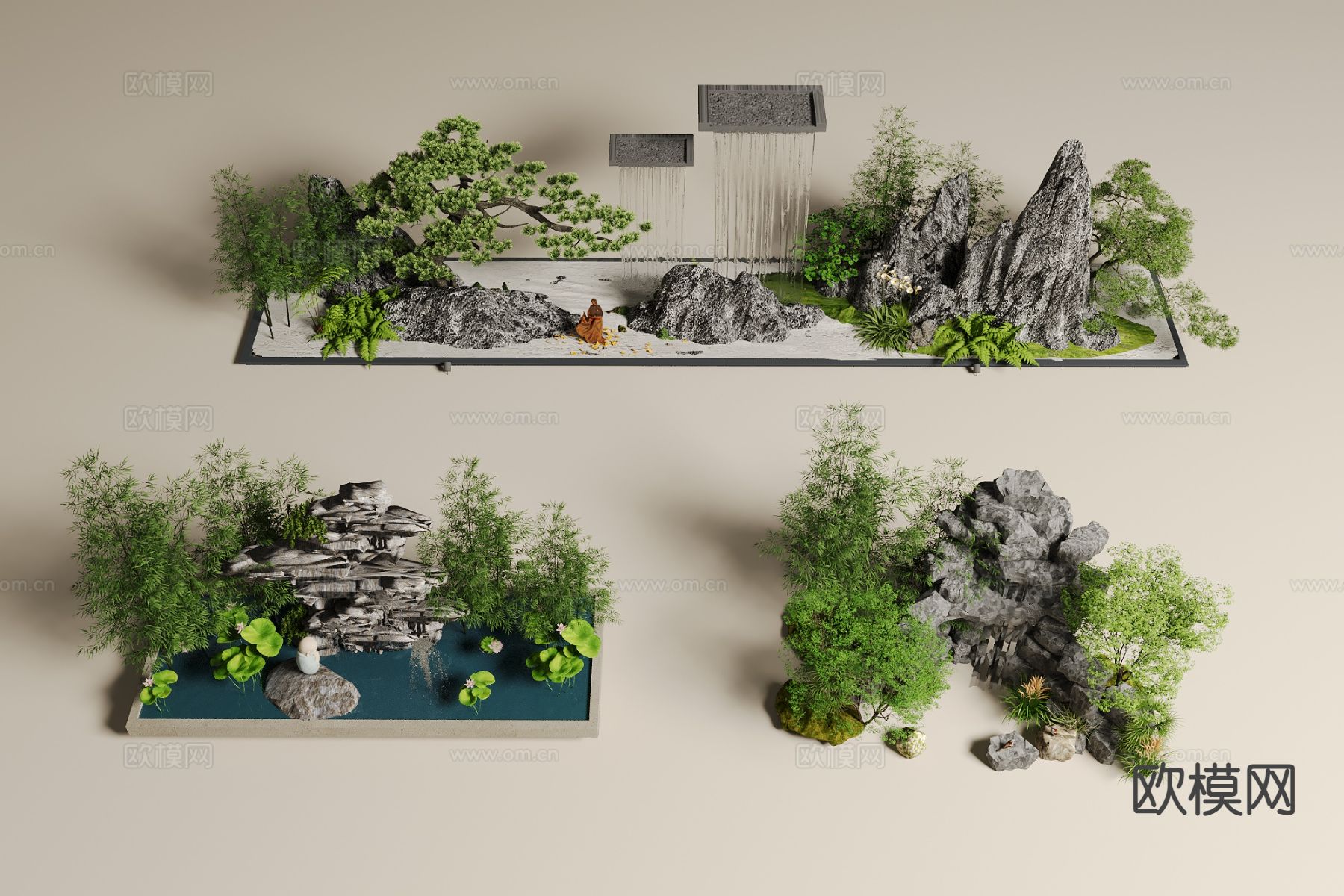 中式假山水景 庭院景观小品3d模型