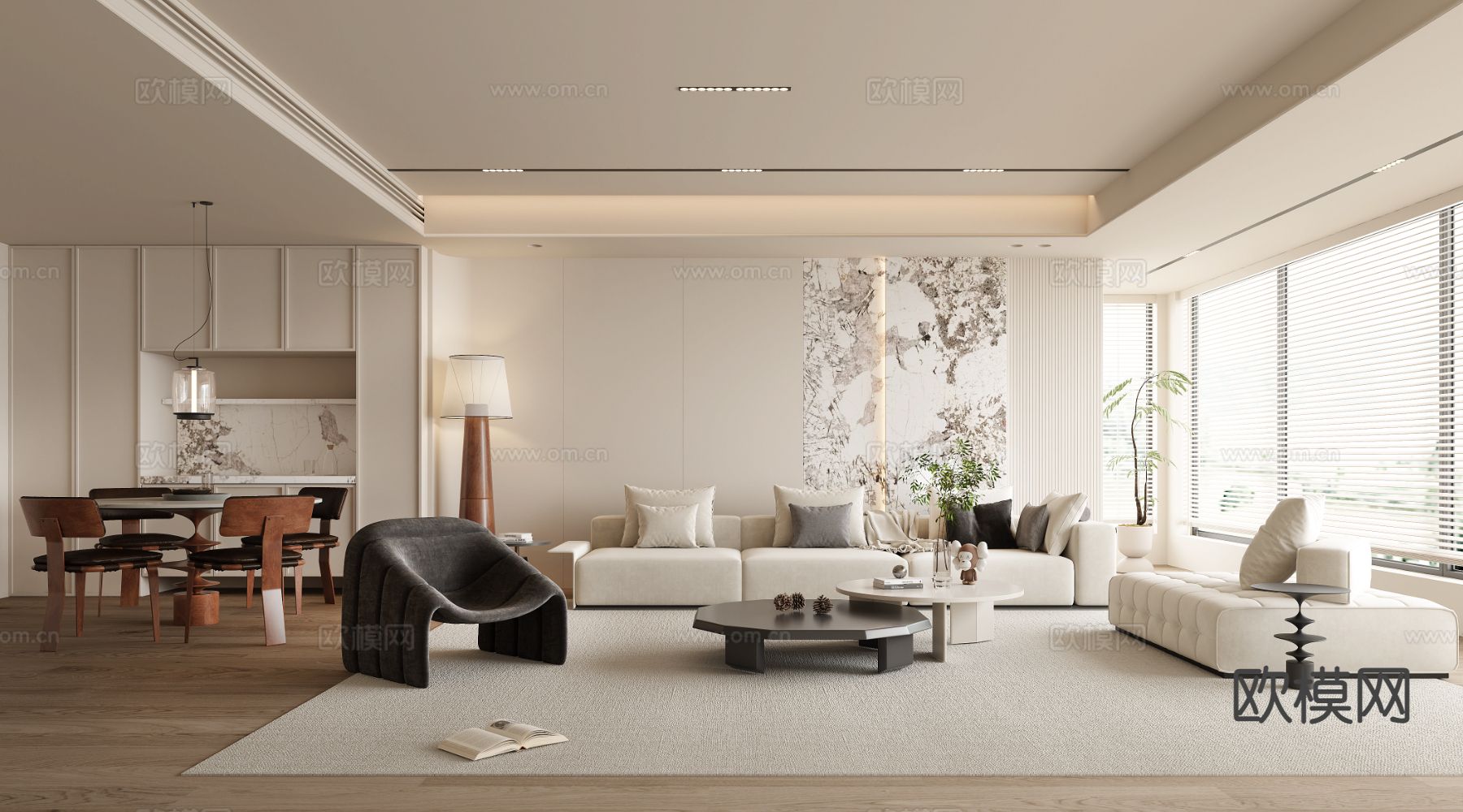 奶油风客餐厅3d模型下载