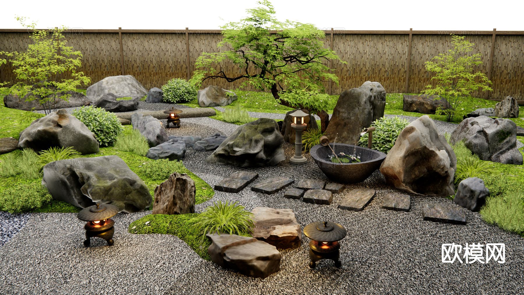 日式景观石头 枯山水庭院su模型