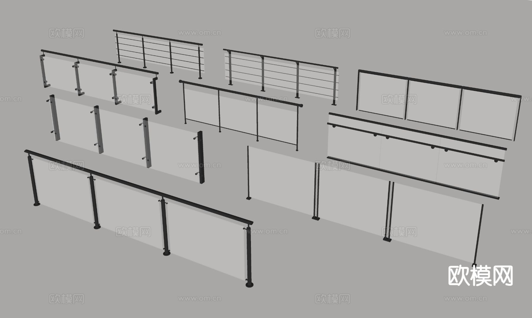 现代玻璃栏杆 扶手su模型
