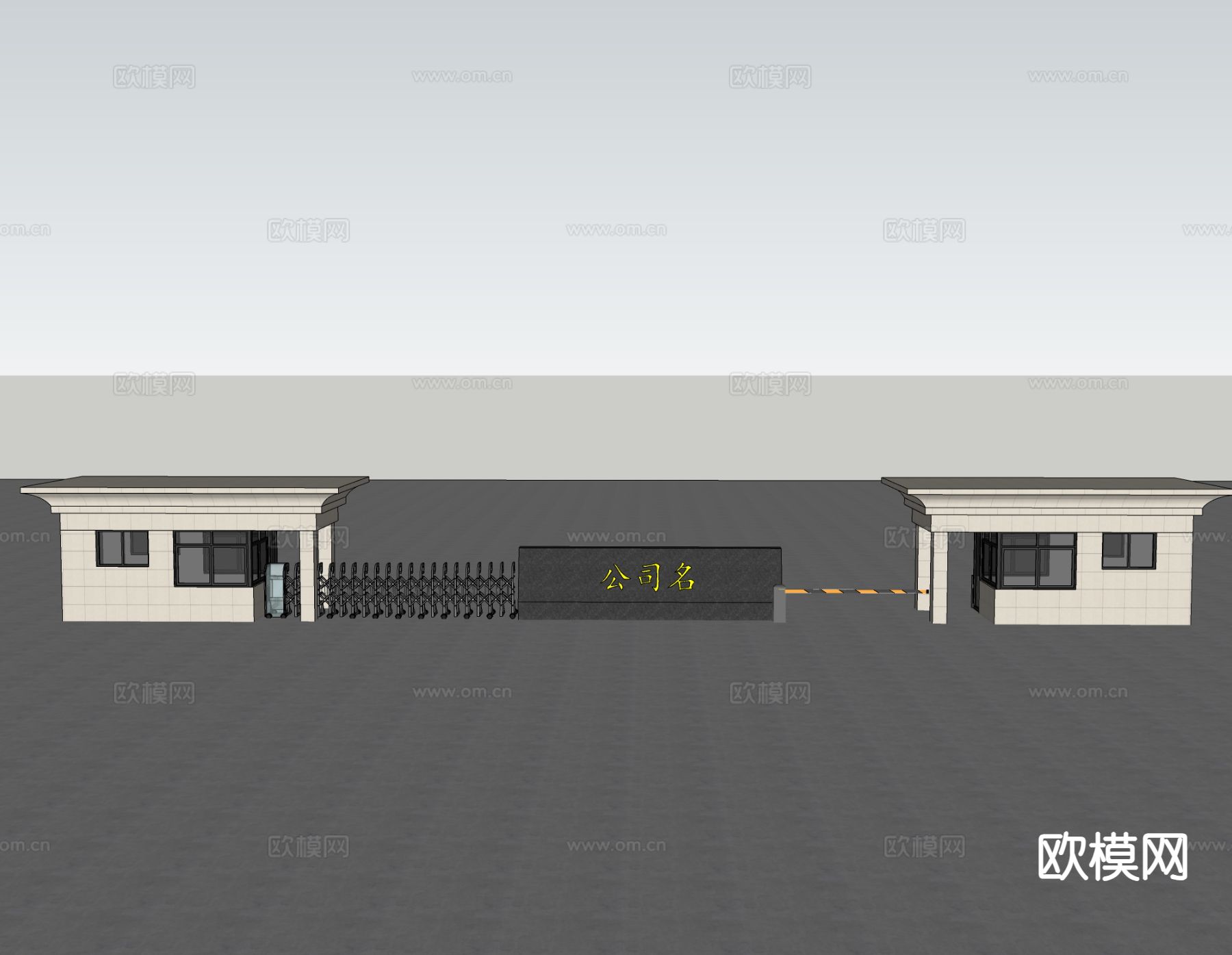 厂区入口大门  保安亭su模型