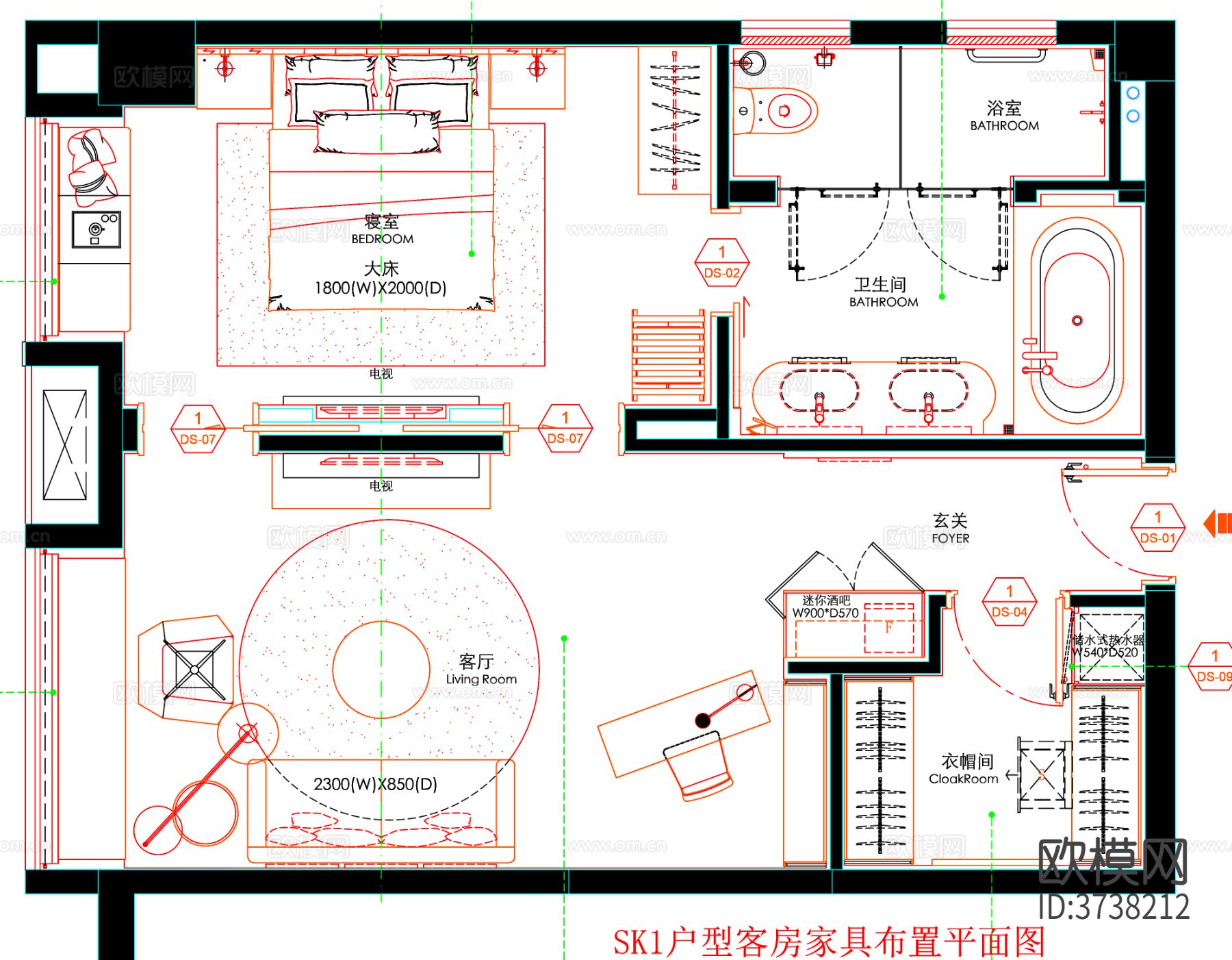 酒店客房cad平面图下载（渲染图1）