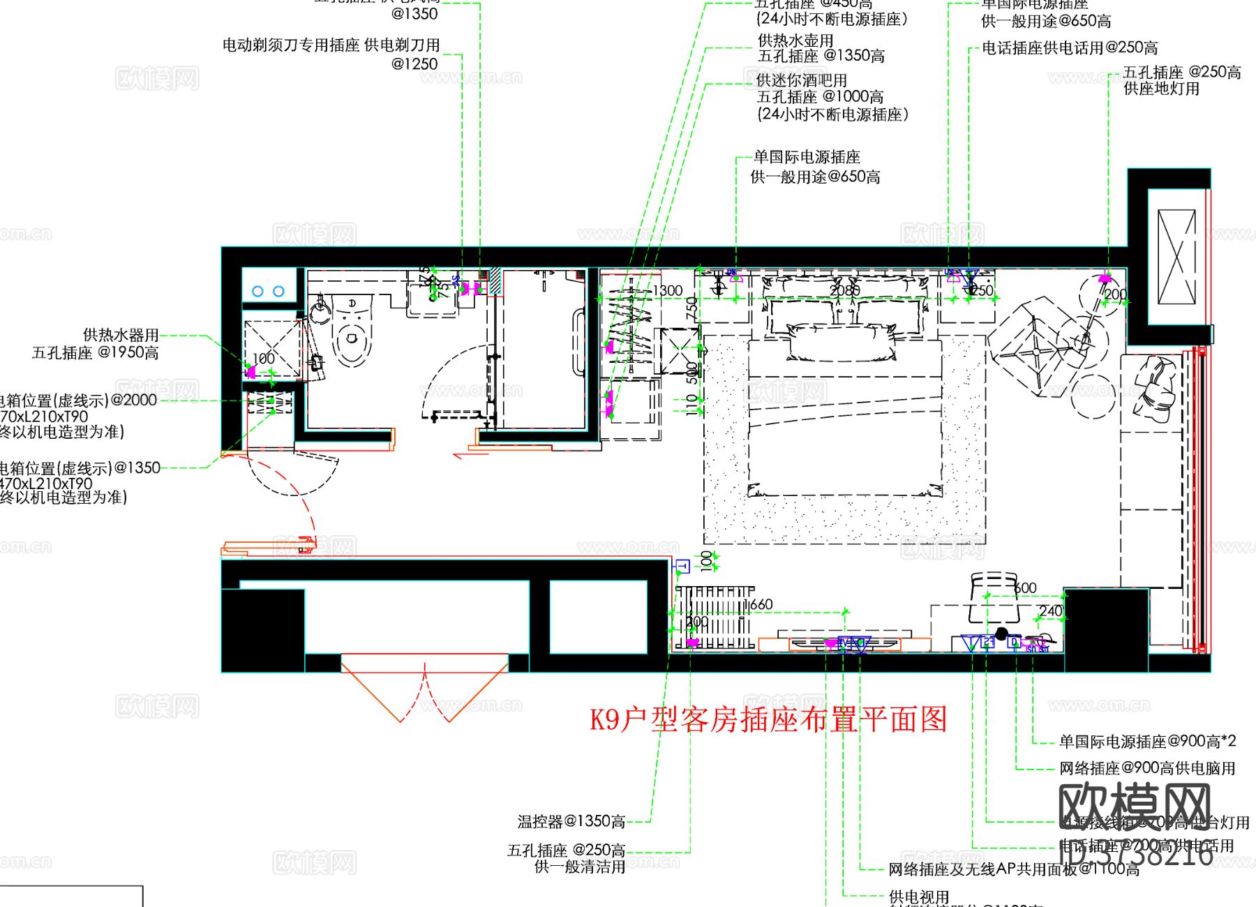 酒店客房 酒店房间 客房平面图 房间平面布局 客房平面布置cad平面图下载（渲染图5）