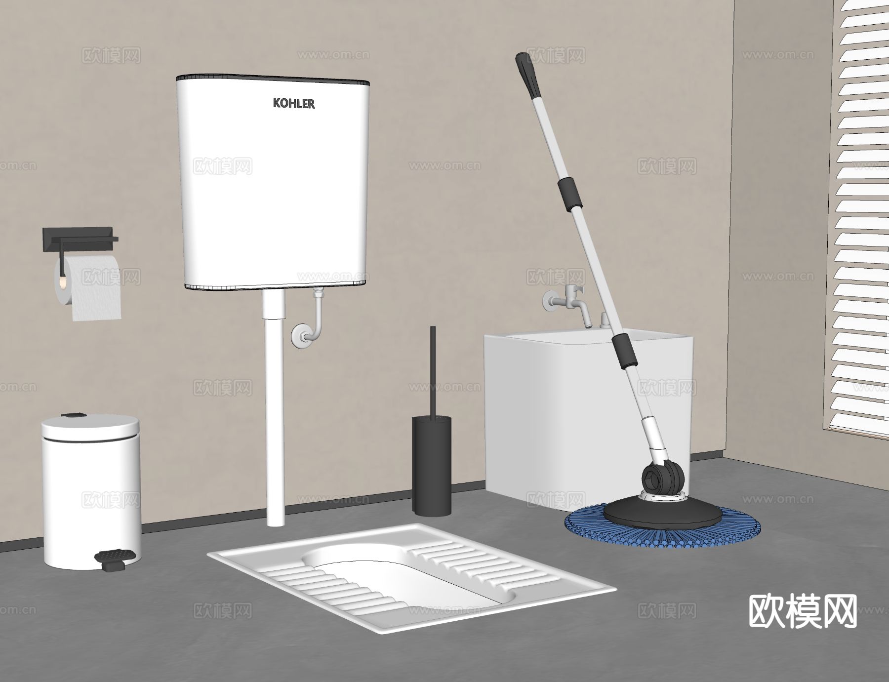 现代蹲便器 马桶 拖把池 垃圾桶su模型