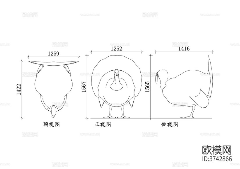 火雞 動(dòng)物CAD三視圖下載