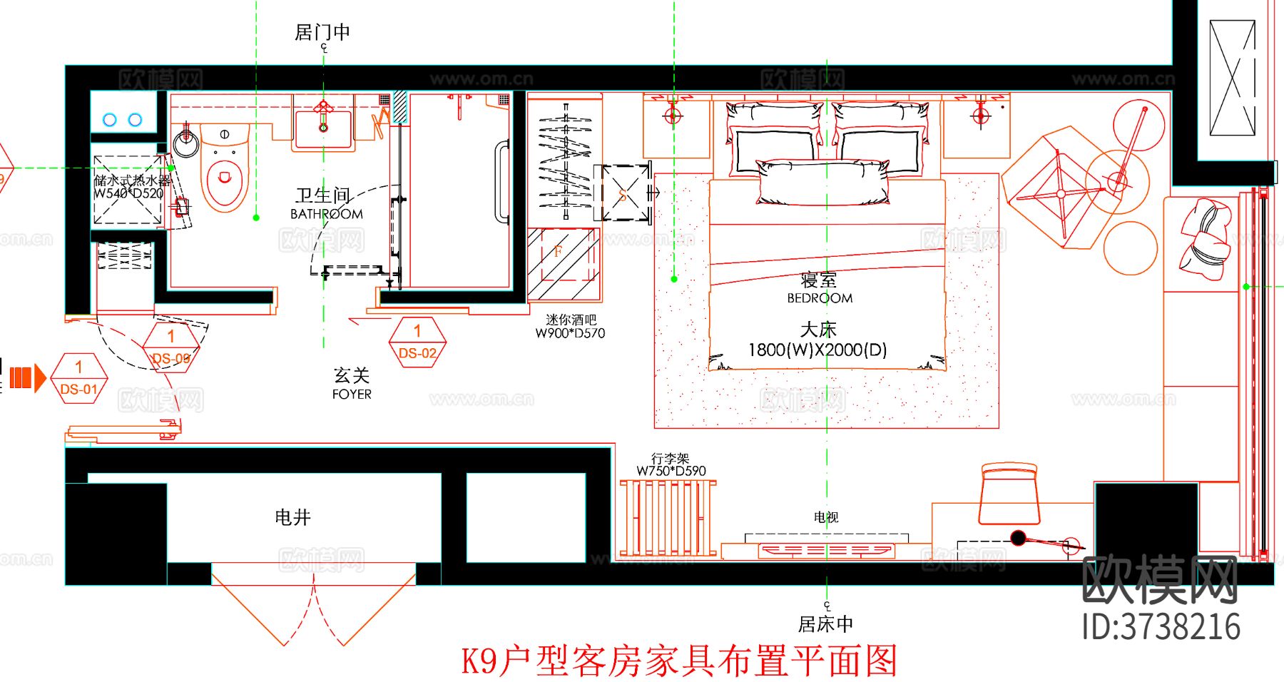 酒店客房 酒店房间 客房平面图 房间平面布局 客房平面布置cad平面图下载（渲染图1）