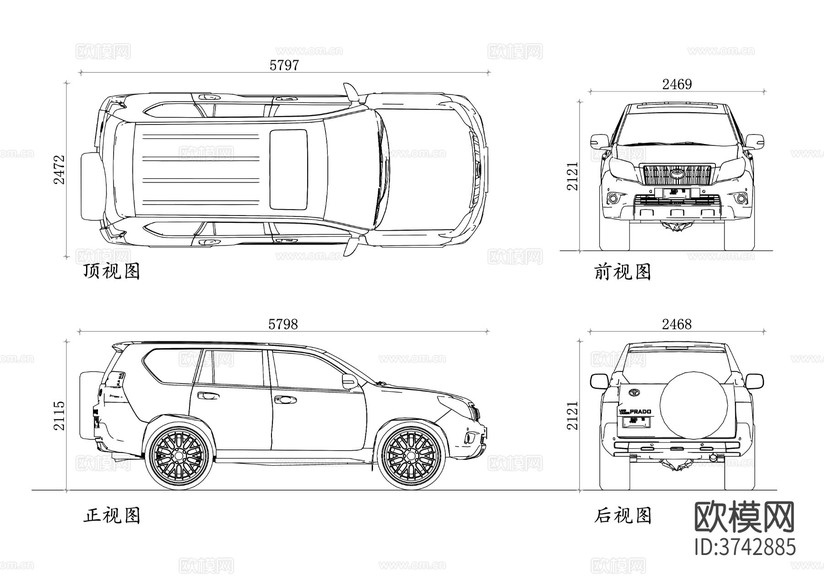 普拉多 汽車CAD三視圖下載