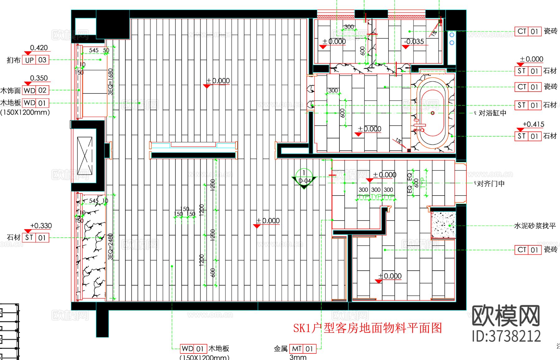 酒店客房cad平面图下载（渲染图2）