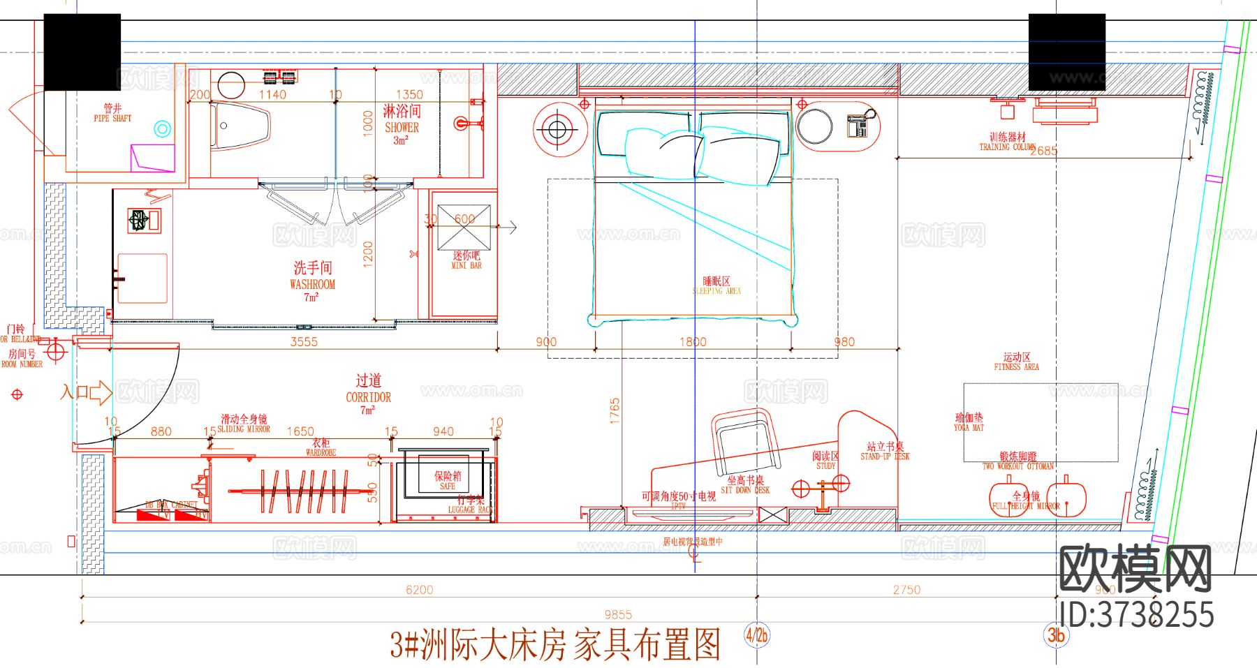酒店客房 酒店房间 客房CAD平面图下载（渲染图1）