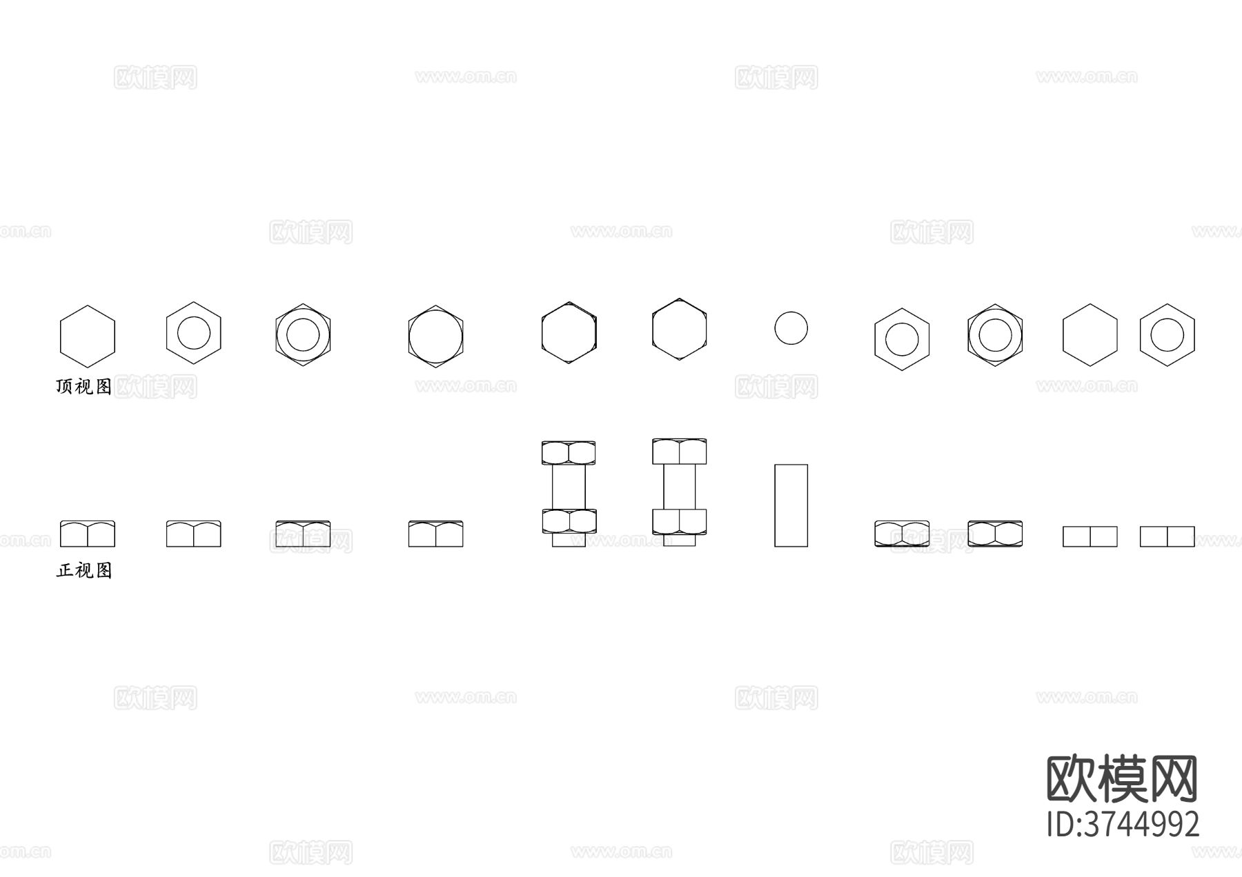 螺母螺栓平面图 螺栓结构图 螺母设计图 螺栓布局图 螺母配合cad图库