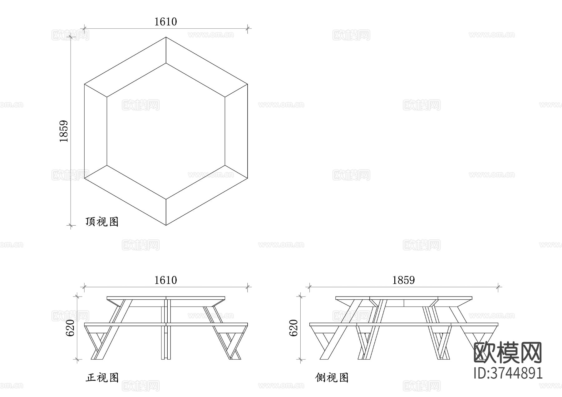 六角形野餐桌平面图 野餐桌结构图 野餐桌设计图 六角桌布局图cad大样图下载